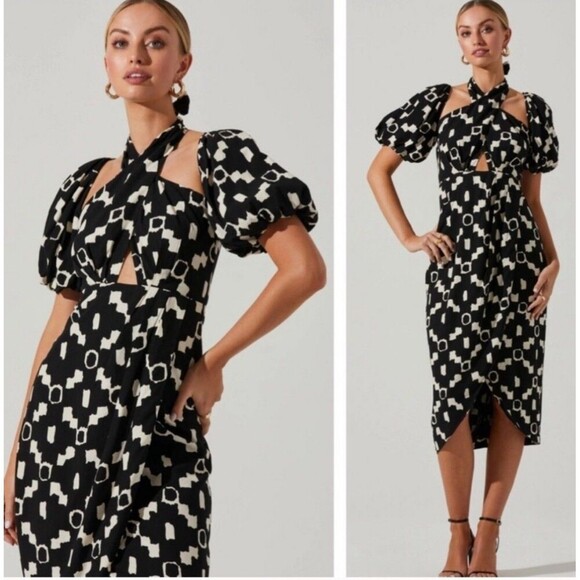 Revolve ASTR The Label Faux Wrap Halter Cut Out Geometric Midi Dress Black SMALL - Picture 1 of 11